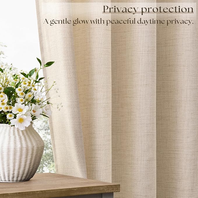 84 Inch Length 2 Panels Set Natural Linen Curtains Light Filtering Semi Sheer Grommet Drapes Thick Linen Privacy Non-See-Through Curtain for Living Room 52x84