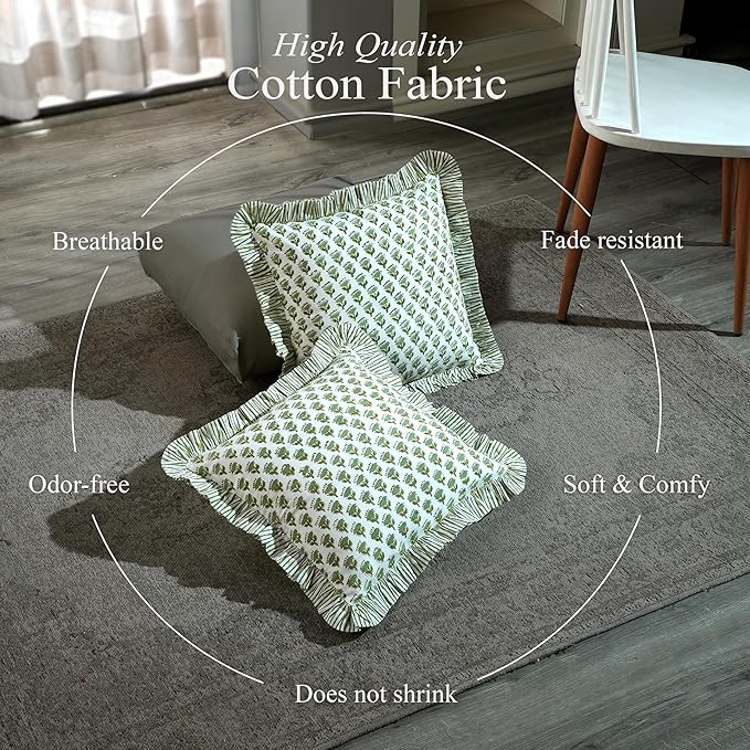 CPC Block Print Ruffle Throw Cover Emerald Green 24"x24" Inch Pack of 2-100% Cotton Ruffle Couch Decorative Boho Pillows Case for Living Room, Bedroom, Sofa, Farmhouse Gift for Spring, Mother's Day