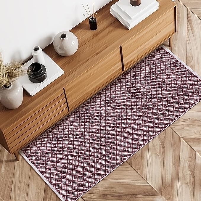Cotton Diamond Woven Runner Rug 2x6 Feet - Burgundy, Non Slip Super Soft Farmhouse Space Patio Throw Carpet Ideal for Hallways, Kitchen, Living Room | Mehroon Large Bedroom Area Décor Floor Décor Mats