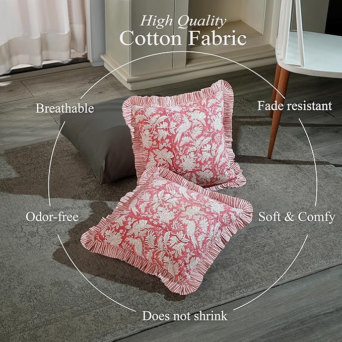CPC Block Print Ruffle Throw Cover Pink Coral 16"x16" Inch Pack of 2-100% Cotton Ruffle Couch Decorative Boho Pillows Case for Living Room, Bedroom, Sofa, Farmhouse Gift for Spring, Mother's Day