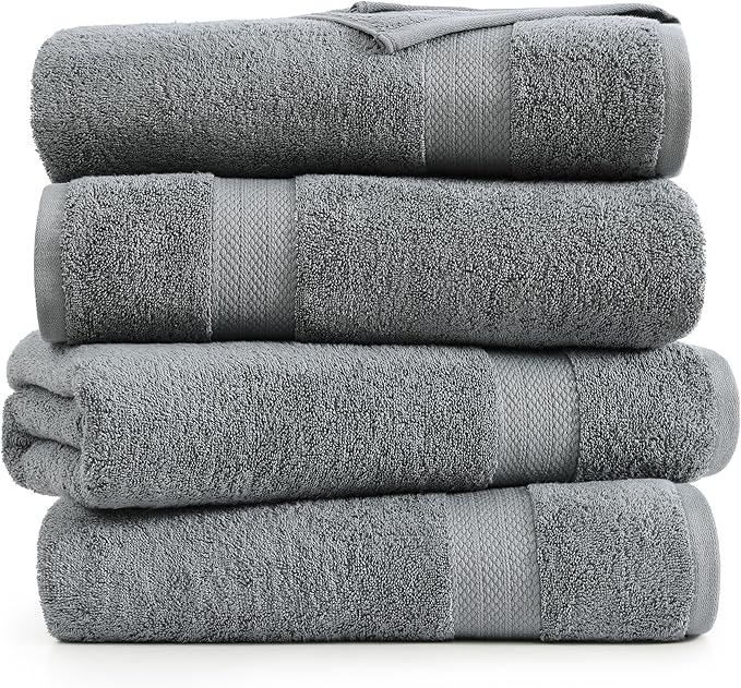 LANE LINEN 4 Pack Bath Towels Set (28"x54") - 100% Ring Spun Cotton, Large Turkish Towels for Bathroom - Durable, Quick Dry, Soft & Absorbent Bath Towel Set - Gets Softer After Each Wash - Cool Grey