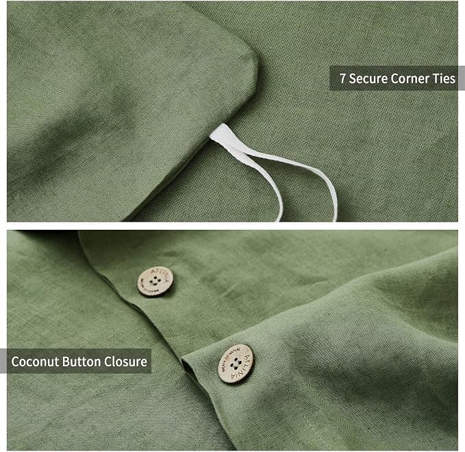ATLINIA 100% Flax Linen Duvet Cover Set - Stone Washed Pure French Linen Organic Fabric for Farmhouse Comforter Boho Bedding Included 1 Duvet Cover 2 Pillow Shams(Green, California King)