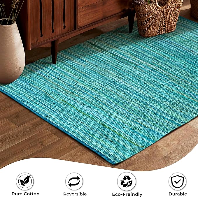 Ramanta Home 100% Cotton Hand Woven Tonal Chindi Rag Rug 3'x5' - Teal, Recycled Reversible Rugs, Boho Rustic Farmhouse Rugs for Living Room, Dinning Room, Kitchen Floor Mats - 36"x60"