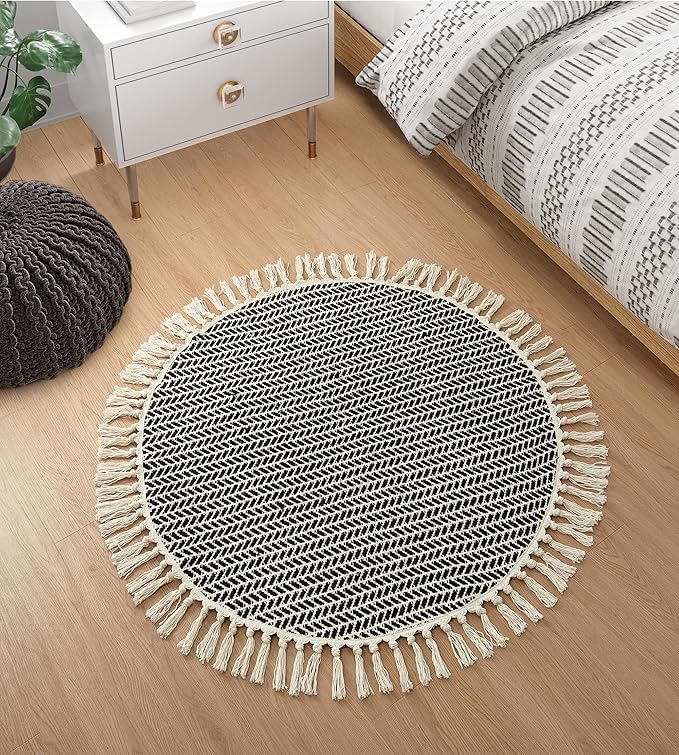 Lahome Belle Boho Black and White Round Rug 3ft, Small Circle Bathroom Kitchen Rug Lightweight Washable Rugs for Entryway with Tassels, Farmhouse Cotton Non Shedding Round Mat for Bath Dorm Bedroom