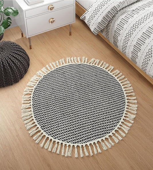 Lahome Belle Boho Black and White Round Rug 3ft, Small Circle Bathroom Kitchen Rug Lightweight Washable Rugs for Entryway with Tassels, Farmhouse Cotton Non Shedding Round Mat for Bath Dorm Bedroom