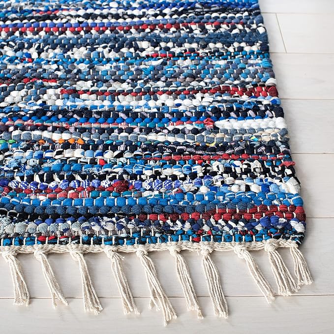 SAFAVIEH Rag Rug Collection Area Rug - 6' Square, Blue & Multi, Handmade Boho Stripe Cotton, Ideal for High Traffic Areas in Living Room, Bedroom (RAR128B)