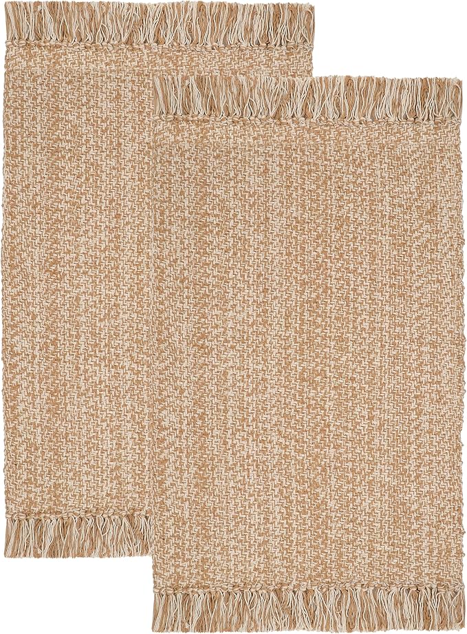 COTTON CRAFT Woven Area Rug - 2 Pack Reversible Boho Farmhouse Rustic Cotton Throw Rug Carpet with Fringe - Machine Washable Accent Mat for Bedroom Living Room Entryway Bathroom - 22x34 - Tan Natural