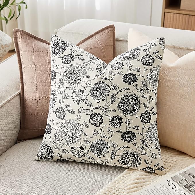 100% Cotton Botanical Throw Pillow Covers Set of 2, 22x22 Inch Black, Farmhouse Double-Sided Floral Print Decorative Cushion Covers Pillow Cases Boho Home Decor