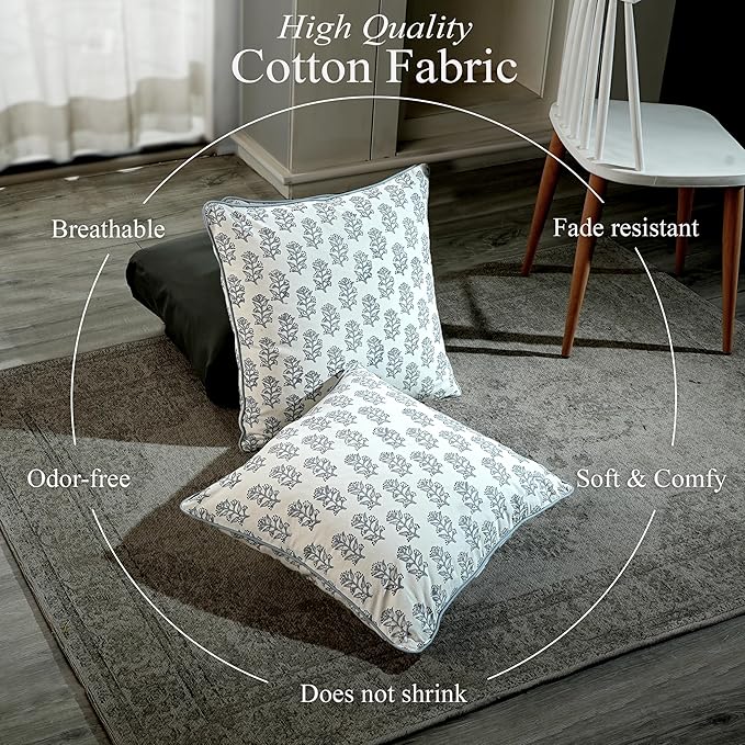 CPC 100% Cotton Throw Pillow Covers 20x20 Inch, Set of 2 Block Print Pattern Couch Pillow with Hidden Zipper, in Collabaration with Southern Source- Misty Grey Floral
