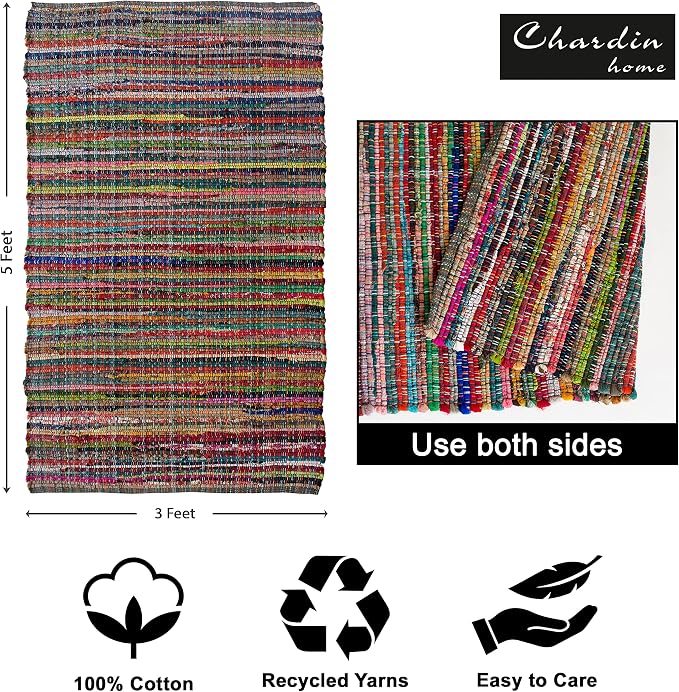 Chardin home - Eco Friendly 100% Recycled Cotton Colorful chindi Area Rug - 3'X5', Multi.