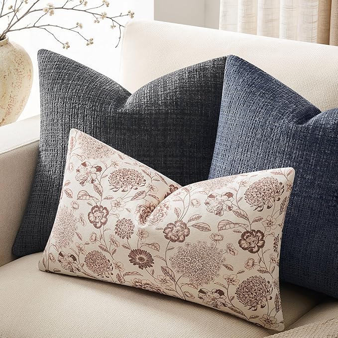 100% Cotton Botanical Throw Pillow Covers Set of 2, 12x20 Inch Taupe, Farmhouse Double-Sided Floral Print Decorative Cushion Covers Pillow Cases Boho Home Decor