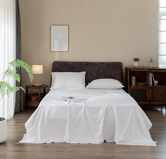 EVERLY Linen Sheets Set Queen Size,100% French Stonewash Pure Linen Sheets Set,4Pieces (1Flat Sheet,1Fitted Sheet,2Pillowcase) Suitable for Hot Sleepers,Deep Pocket Natural Bedding Set-White-Queen