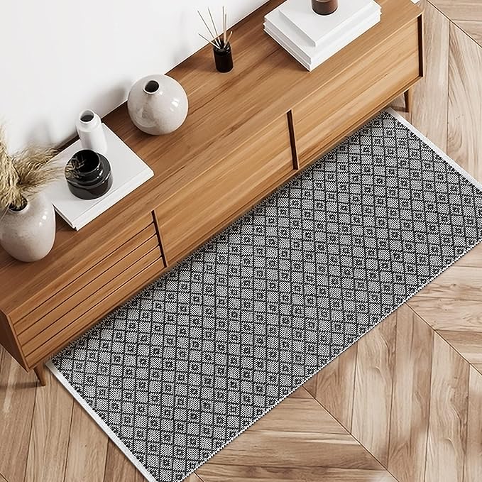 Cotton Diamond Woven Runner Rug 2x6 Feet - Black, Non Slip Decorative Washable Area Runner Patio Runners Ideal for Hallways, Bedroom, Kitchen, Living Room | Farmhouse Large Patio Mats For Home Décor