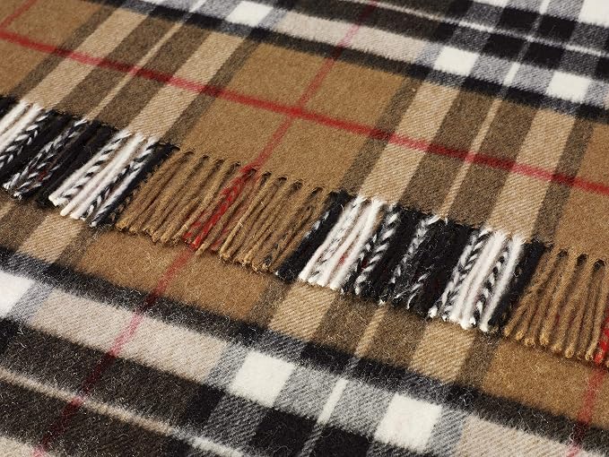 Moon Wool Plaid Throw Blanket, Merino Labmswool, Camel Thompson Tartan, Made in UK
