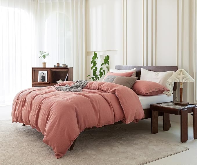 EVERLY 100% Pure Linen Duvet Cover Set King Size 104X90Inch 3pcs (1 Duvet Cover,2 Pillowcases) Soft and Breathable for All Season with Coconut Button Closure, Suitable for Hot Sleepers-Pink-King