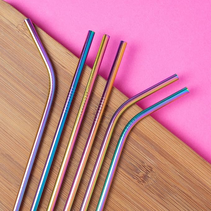 G FORCE Rainbow Eco-Friendly Reusable Stainless Steel 10 Pack Set, Including 4 Straight, 4 Angled Straws, 2 Cleaning Brushes, Standard (28550-RBW)