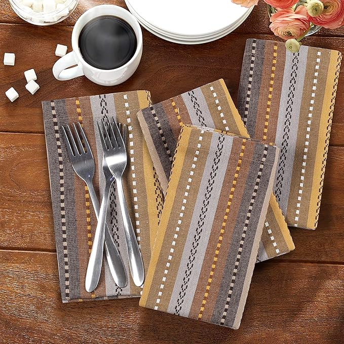 Salsa Stripe Set of 12 Pure 100% Cotton Cloth Napkins 18x18 Inch Dinner Napkin, Wedding Napkins, Machine Washable, Cocktail Napkin, Beige Multicolor-Life By Cotton