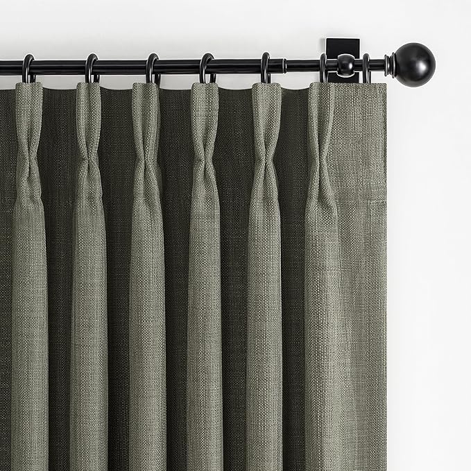 Greenish Gray Linen Curtains 84 Inch Length 2 Panels Set for Bedroom, Boho Pinch Pleated Blackout Dual Layer Thick Drapes 84 Inches Long Insulated Soundproof Window Curtain with Back Tab Kambaba Grey