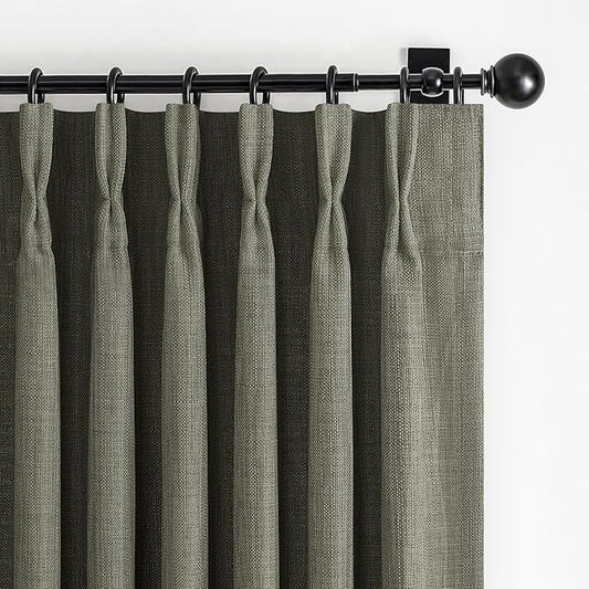 Greenish Gray Linen Curtains 84 Inch Length 2 Panels Set for Bedroom, Boho Pinch Pleated Blackout Dual Layer Thick Drapes 84 Inches Long Insulated Soundproof Window Curtain with Back Tab Kambaba Grey