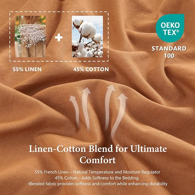 QKTE French Linen Duvet Cover Set, 3 PCS Natural French Flax Rust Duvet Cover King Size, Breathable Soft Comfy Linen Bedding Comforter Cover with 2 Pillowcases(Rust, 104" x 92")
