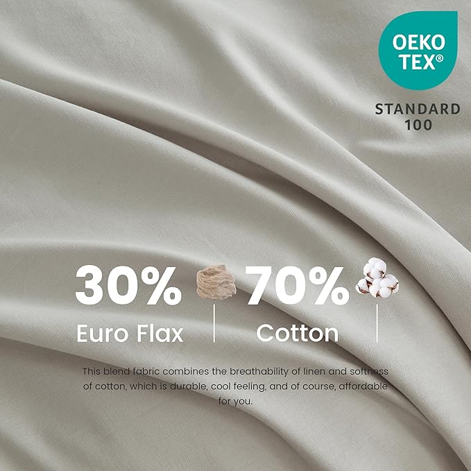BISELINA French Linen Duvet Cover Set 3pcs with Hidden Zipper Closure Natural Flax Cotton Blend Solid Color Soft Breathable Luxury Farmhouse Bedding - Queen Size, Khaki Grey