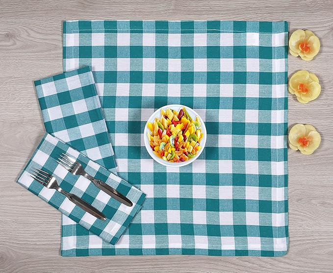Dinner Napkin Gingham Plaid Check, 100% Cotton, Wedding & Cocktail, Fabric with Mitered Corners & Generous Hem, Set of 12, 18x18 inches, Teal White Checks