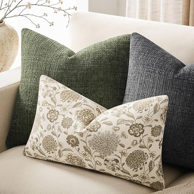100% Cotton Botanical Throw Pillow Covers Set of 2, 12x20 Inch Latte, Farmhouse Double-Sided Floral Print Decorative Cushion Covers Pillow Cases Boho Home Decor
