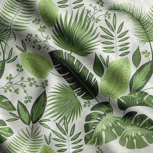 Soimoi Silky Satin Fabric Material, 1 Yard - 42" Inch Width, Green - Leaves Print - Soft Shiny Fabric for Dress, Pillowcases, Pajamas, Evening Dress, DIY