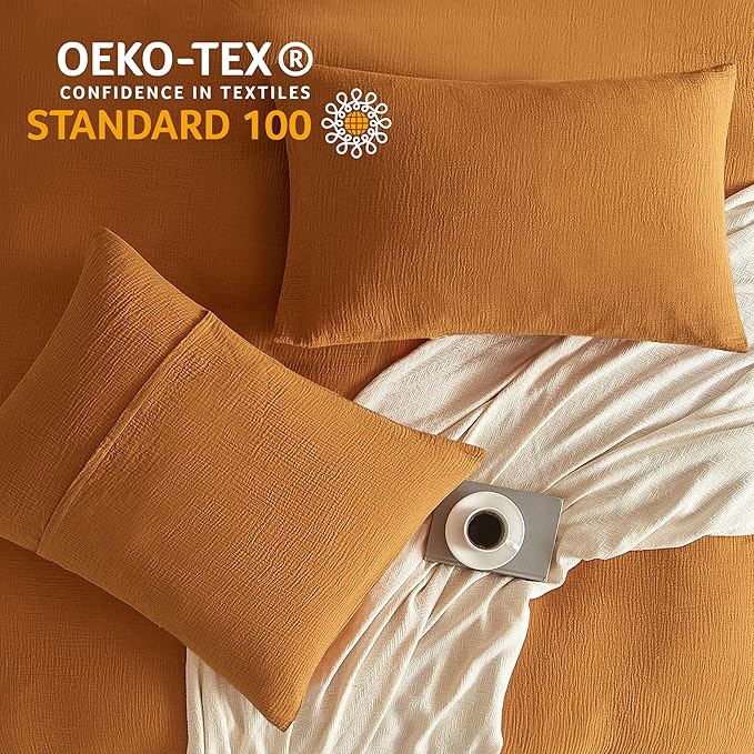 SE SOFTEXLY Muslin Duvet Cover King Size, 100% Washed Cotton Duvet Cover Set, Ultra Soft Comforter Cover Linen Like, 3 Pieces Minimalist Gauze Duvet Cover with 2 Pillowcases, 90"x104", Pumpkin