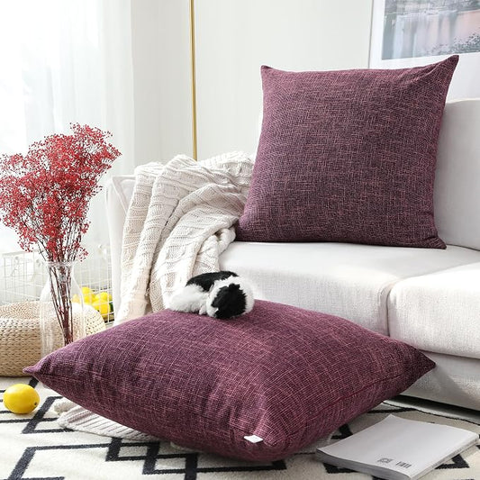 Kevin Textile Faux Linen Square 2 Tone Woven Throw Pillow Sham Cushion Case Covers for Car/Couch Use, 24-inch(2 Pack, Red Purple)