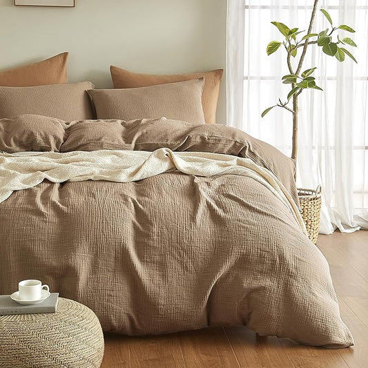 SE SOFTEXLY Muslin Duvet Cover King Size, 100% Washed Cotton Duvet Cover Set, Ultra Soft Comforter Cover Linen Like, 3 Pieces Minimalist Gauze Duvet Cover with 2 Pillowcases, 90"x104", Light Brown