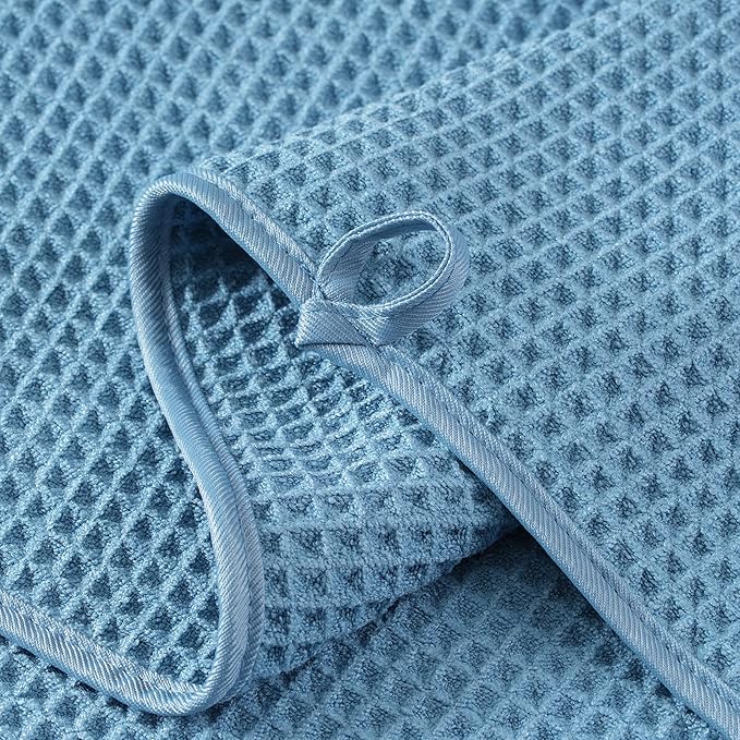 MICROFI New Microfiber Waffle Bath Towels, 2 Pieces, Soft, Absorbent, Fast Drying, Lint Free 430 GSM (Beige+Blue)