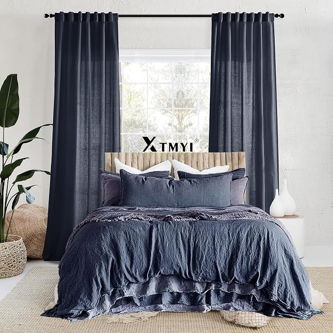 XTMYI Navy Blue Short Length Curtains for Windows,Linen Sheer Cutains for Bedroom Kitchen,45 Inch Long