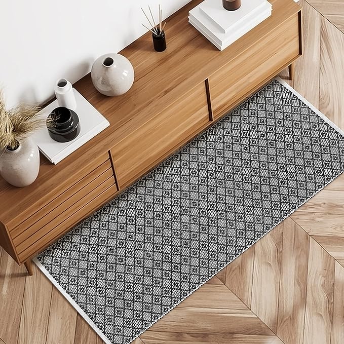 Cotton Diamond Woven Runner Rug 2x6 Feet - Black, Non Slip Decorative Washable Area Runner Patio Runners Ideal for Hallways, Bedroom, Kitchen, Living Room | Farmhouse Large Patio Mats For Home Décor
