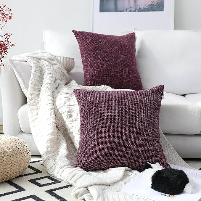 Kevin Textile Faux Linen Square 2 Tone Woven Throw Pillow Sham Cushion Case Covers for Car/Couch Use, 24-inch(2 Pack, Red Purple)