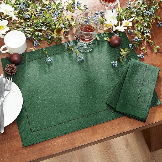 Elrene Home Fashions Alison Eyelet Border Design Cloth Wrinkle Resistant Fabric Dinner Napkin, Set of 4, 17"x17", Forest