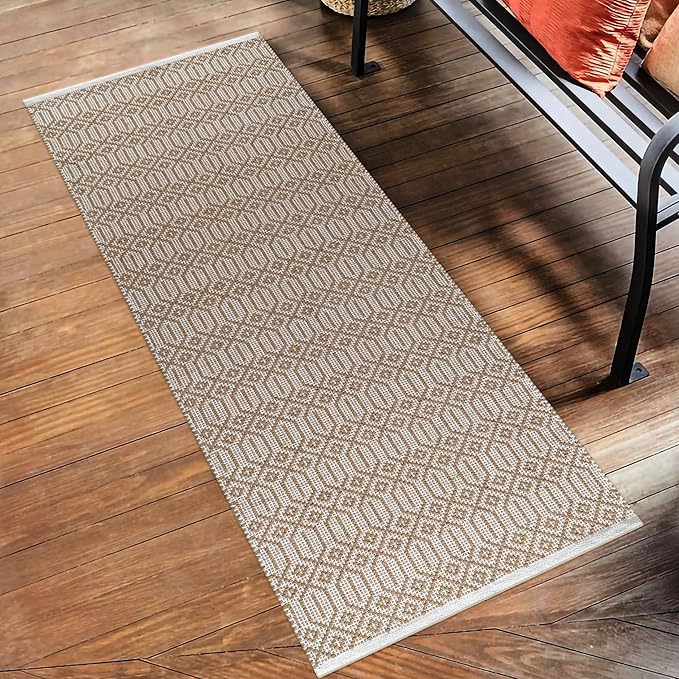 Cotton Diamond Hand Woven Area Runner Rug 2x6 Feet - Beige, Non Slip Farmhouse Indoor Decorative Patio Runner Ideal for Hallways, Kitchen, Nursery | Washable Decorative Floor Mat for Bedroom