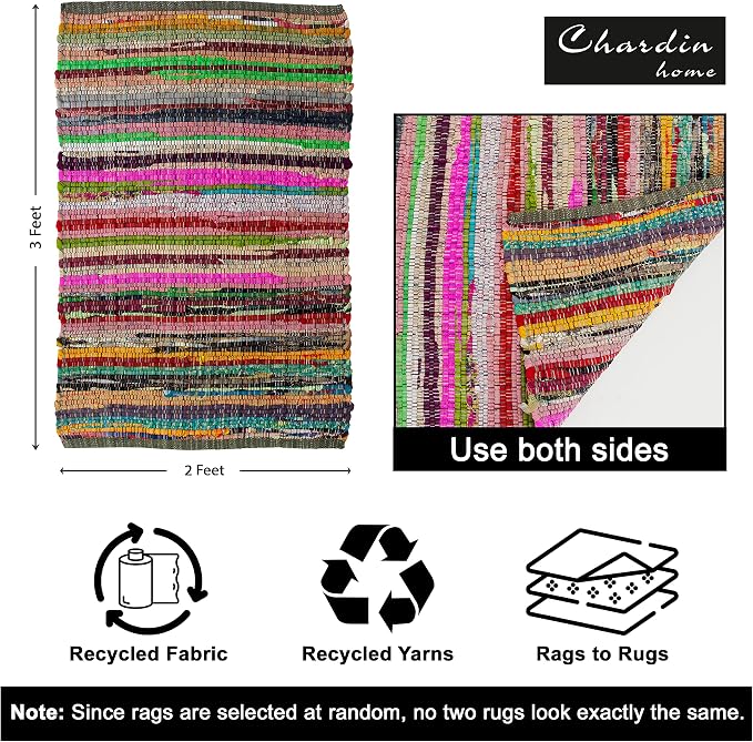 Chardin home - Eco Friendly 100% Recycled Cotton Colorful Chindi Area Rug, Multi (24x36 Inch.)