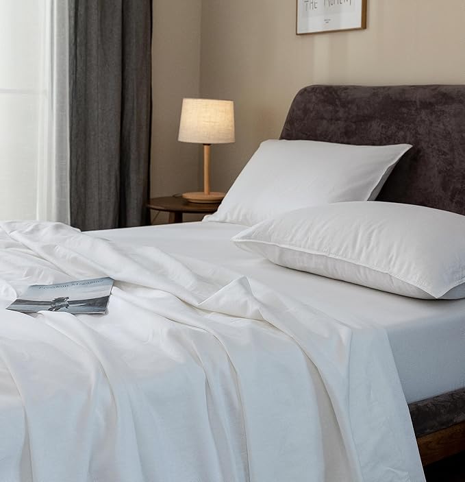 EVERLY Linen Sheets Set Twin Size,100% French Pure Linen Sheets Set,3Pieces (1Flat Sheet,1Fitted Sheet,1Pillowcase) Suitable for Hot Sleepers, Stonewash Deep Pocket Natural Bedding Set-White-Twin