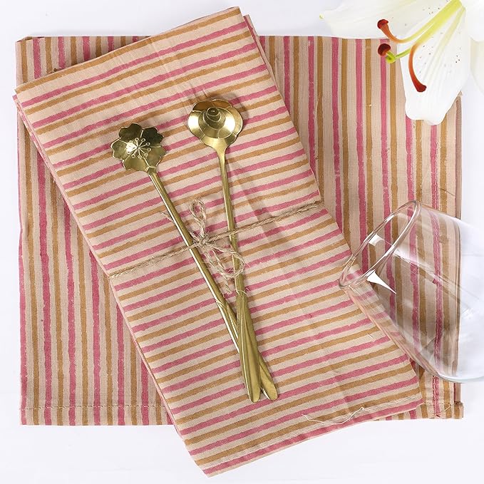 The Home Talk 100% Cotton Fall Cloth Designer Dinner Napkins, Handblock Print, Washable Durable Linen for Everyday Use Wedding Parties Outdoors Thanksgiving I 18 X 18 Inches I Set of 6 | Stripes
