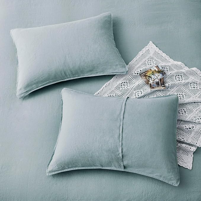 ATLINIA 100% Flax Linen Duvet Cover Set - Stone Washed Pure French Linen Organic Fabric for Farmhouse Comforter Boho Bedding Included 1 Duvet Cover 2 Pillow Shams(Dusty Blue, King)