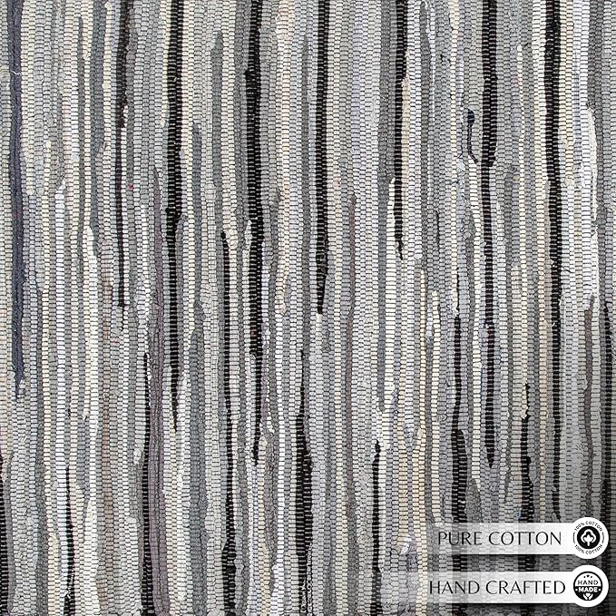 Cotton Hand Woven Chindi Rug 3x5 Feet - Charcoal, Farmhouse Stripe Reversible Throw Indoor Decorative Carpet Ideal for Hallway, Kitchen, Living Room | Grey Large Area Floor Rag Rugs for Patio