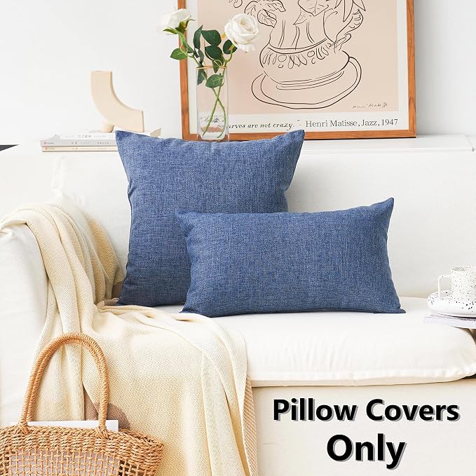 Home Brilliant Indigo Linen Decorative Pillow Covers Lined Cushion Cover for Couch, 20x20 Inch(50x50cm), Set of 2, Navy Blue