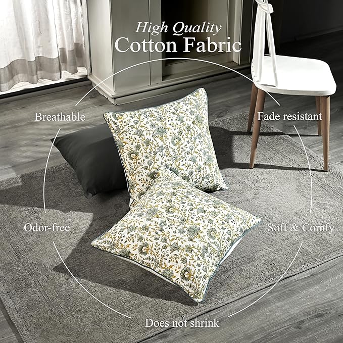 CPC Vintage Garden Blue Block Print Throw Cushion Cover 20 x 20 Inch Set 2 - Decorative Boho Floral Pillow Case for Living Room, Bed, Sofa, Couch, Home Decor Gift for Spring, Mother's Day