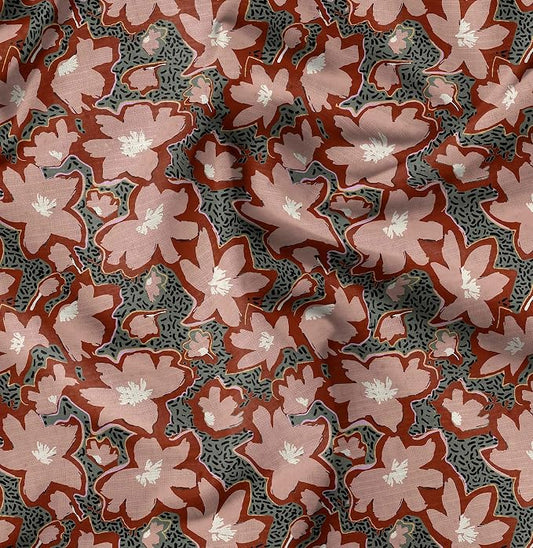 Soimoi Silky Satin Fabric Material, 1 Yard - 42" Inch Width, Brown - Floral Print - Soft Shiny Fabric for Dress, Pillowcases, Pajamas, Evening Dress, DIY