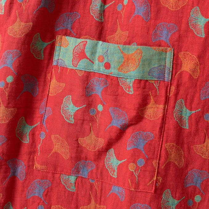 100% Cotton Gauze Ginkgo Leaf Kimono Robe, Long Knit Loose Bathrobe Nightgown Ladies Loungewear Sleepwear for Women