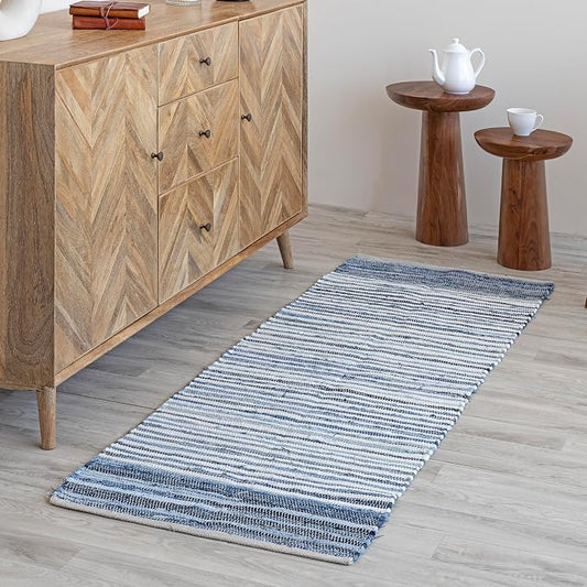 HOMEMONDE Denim Rag Runner Rug 2' x 8' Recycled Soft Cotton Chindi Rugs Hand Crafted Reversible Boho Home Decor for Kitchen, Entyrway, Bedroom, Living Room - Blue