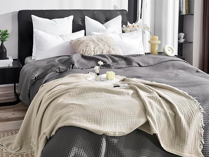 KyraHome 100% Organic Cotton Throw Blankets for Adults, Couch 50"x60", Muslin Blanket, Pre-Washed Plant-Dyed, Breathable Lightweight Summer Throw Blanket, All Season (Oatmeal Khaki Tan)