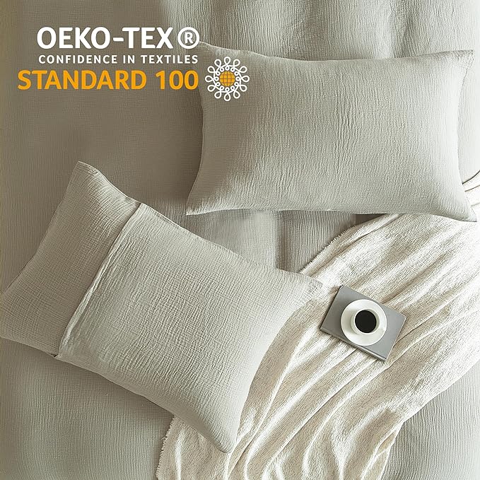 SE SOFTEXLY Muslin Duvet Cover California King Size, 100% Washed Cotton Duvet Cover Set, Ultra Soft Comforter Cover Linen Like, 3 Pieces Gauze Duvet Cover with 2 Pillowcases, 98"x104", Smoky-Green