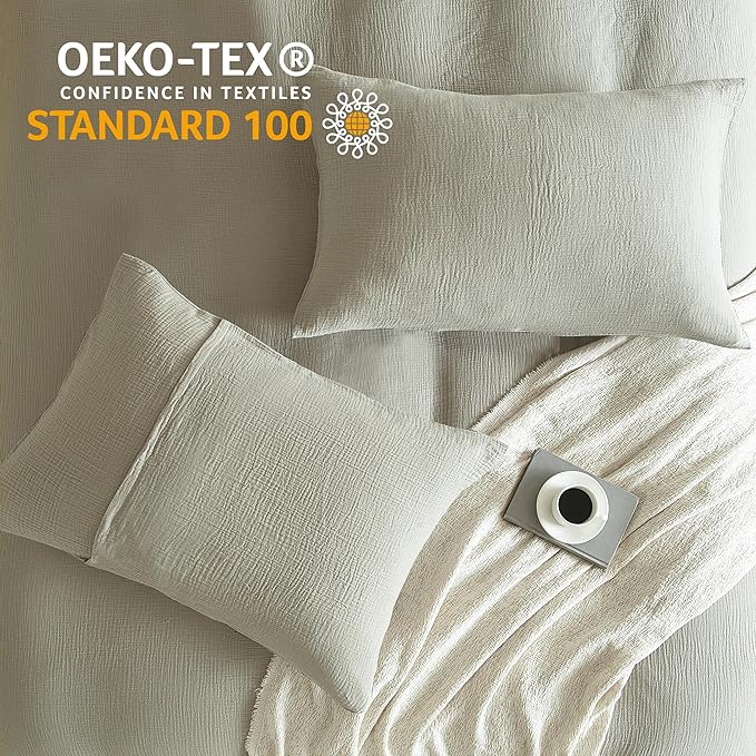 SE SOFTEXLY Muslin Duvet Cover Oversized King Size, 100% Washed Cotton Duvet Cover Set, Ultra Soft Comforter Cover Linen Like, 3 Pieces Gauze Duvet Cover with 2 Pillowcases, 98"x120", Smoky-Green